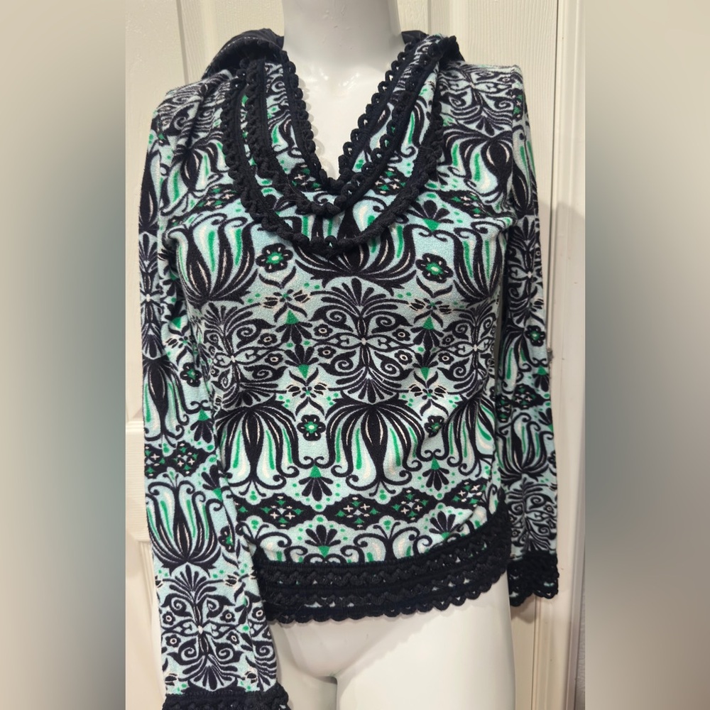 Tory Burch Black and Green Patterned hooded sweater